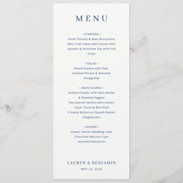 Elegant Navy Menu Template Menükarte (Vorderseite)
