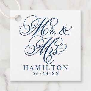 Elegant Navy Mr. und Mrs. Script Custom Monogram Geschenkanhänger