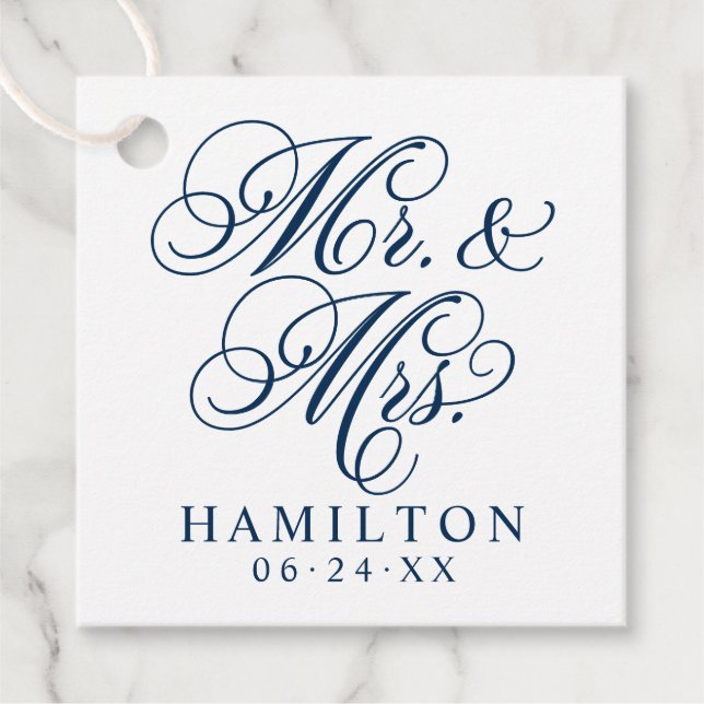 Elegant Navy Mr. und Mrs. Script Custom Monogram Geschenkanhänger (Vorderseite)
