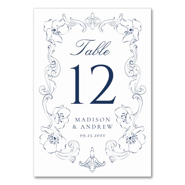 Elegant Navy Ornate Floral Frame Wedding Tischnummer (Vorderseite)
