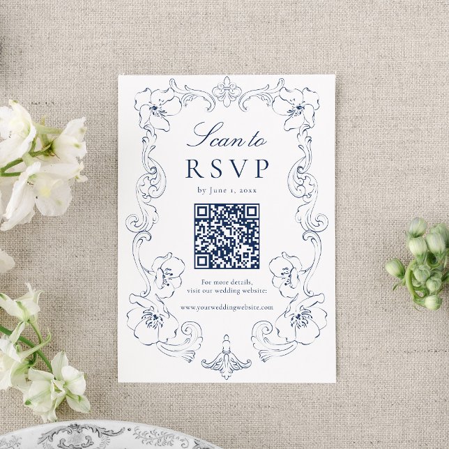 Elegant Navy Ornate Floral QR Code Wedding RSVP Karte (Von Creator hochgeladen)
