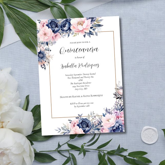 Elegant Navy Pink Floral Formal Quinceanera Einladung (Elegant Navy Blue and Pink Floral Quinceanera Invitation)