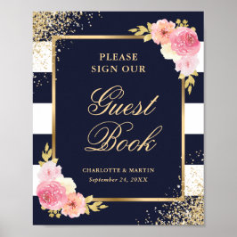 Elegant Navy Pink Floral Wedding Guest Book Sign Poster