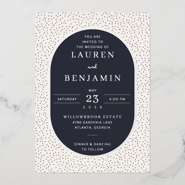 Elegant Navy Polka Dot Wedding Invitation (Recto)