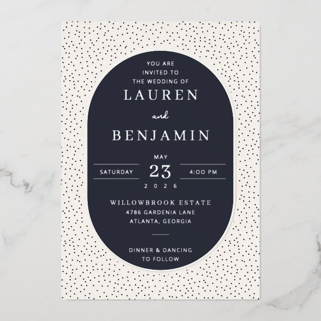 Elegant Navy Polka Dot Wedding Invitation Folieneinladung (Vorderseite)