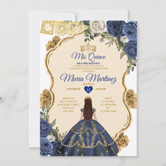 Elegant Navy Prinzessin White Floral Quiñceanera Einladung (Vorderseite)
