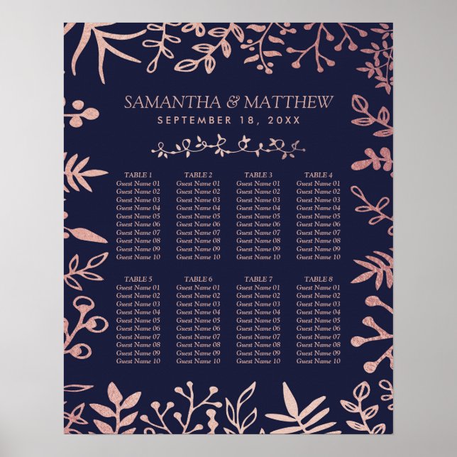 Elegant Navy & Rose Gold Floral Wedding Collection Poster (Vorne)
