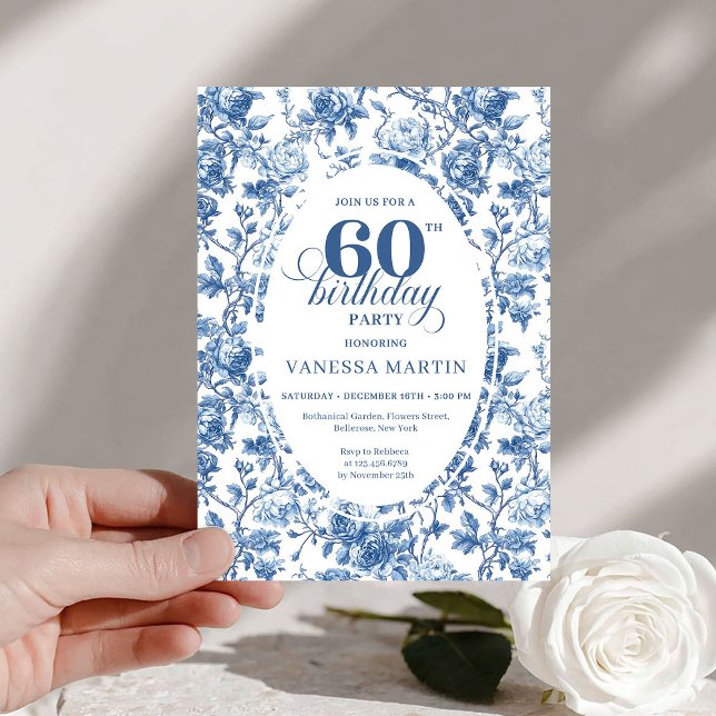 Elegant Navy Roses French Toile 60th Birthday Einladung (This digital 60th birthday invitation is the perfect blend of timeless style and modern convenience.)