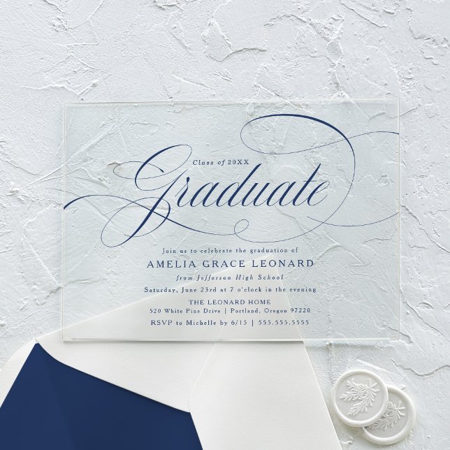 Elegant Navy Script Graduation Party Acryleinladungen (Von Creator hochgeladen)