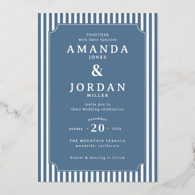 Elegant Navy Striped Wedding Invitation (Recto)