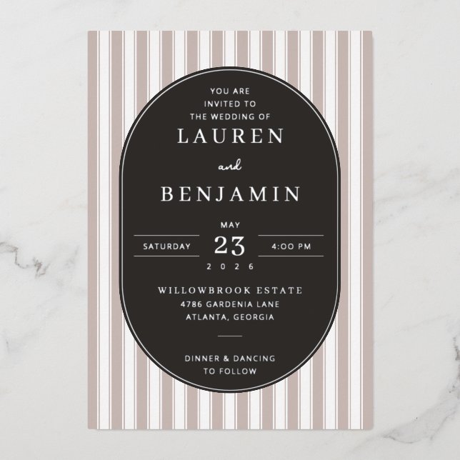Elegant Navy Striped Wedding Invitation Folieneinladung (Vorderseite)