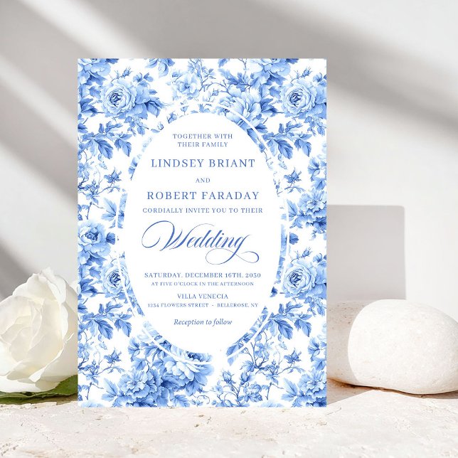 Elegant Navy Toile Rose Wedding Invitation Einladung (Elegant Navy Toile Rose Wedding Invitation)