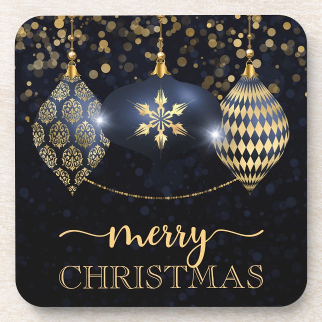 Elegant Navy und Gold Bauble Frohe Weihnachten Getränkeuntersetzer (Vorderseite)