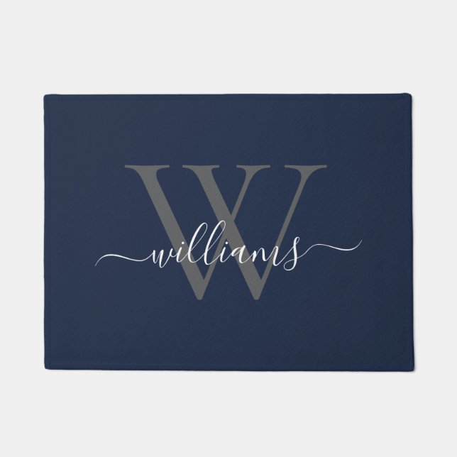 Elegant Navy White Custom Monogram Script Name Fußmatte (Vorderseite)
