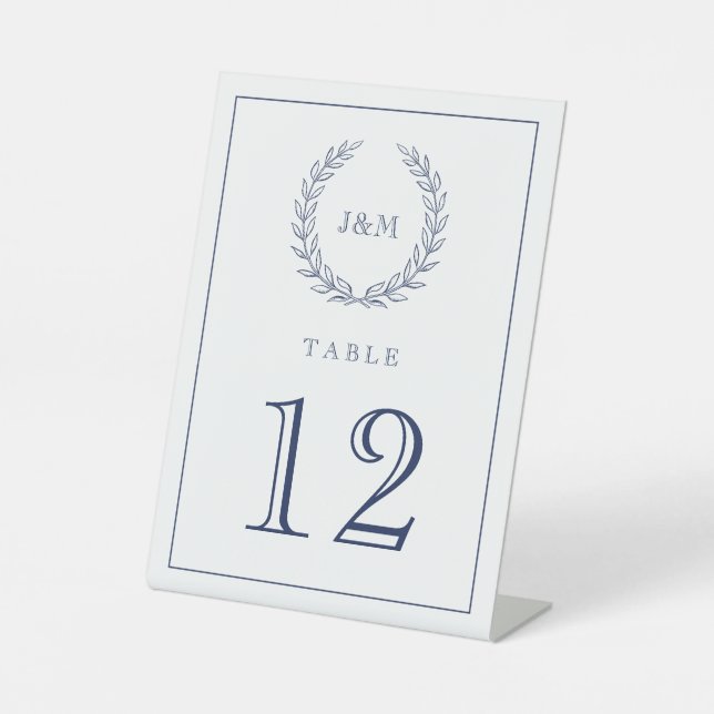 Elegant Navy White Wedding Monogram Laurel Wreath Sockelschild (Vorderseite)