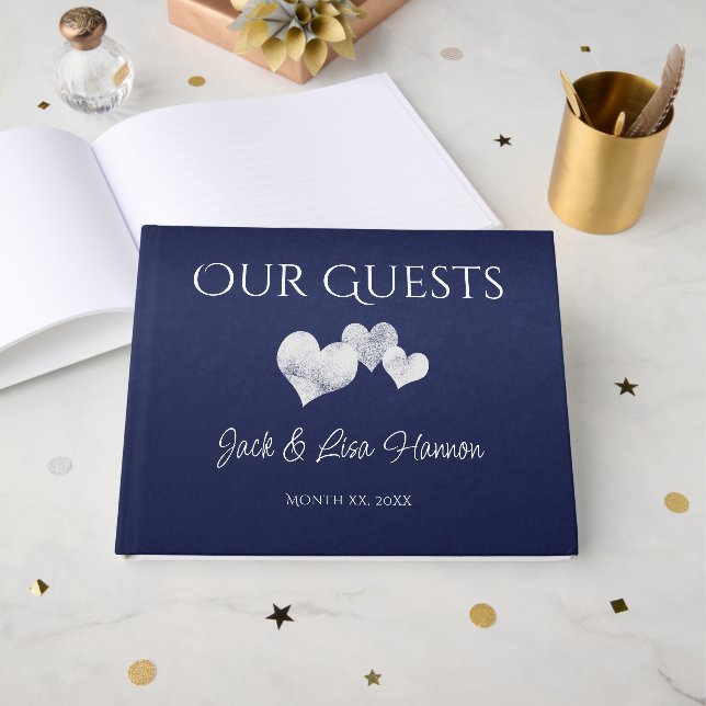 Elegant Navy With Hearts Guest Book Gästebuch (Vorderseite Offen)