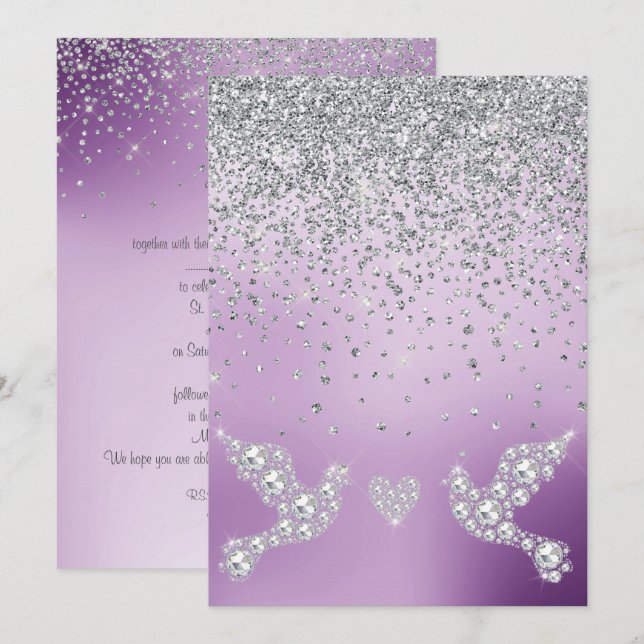 ELEGANT Neue Kristalldiamanten Hochzeit lila lila Einladung (Vorne/Hinten)
