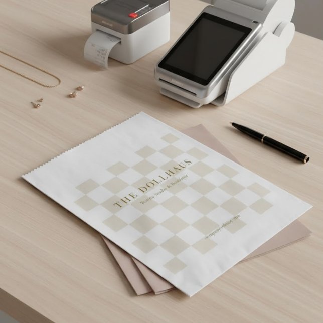 Elegant Neutral Checkered Background Business Name Geschenktütchen (Von Creator hochgeladen)