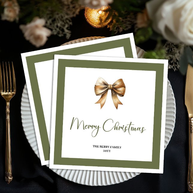 Elegant Neutral Christmas Bow Personalized Napkin Serviette (Elegant Neutral Christmas Tree Personalized Napkins)