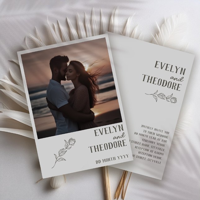 Elégant Neutral Line Art Flower Photo Invitation (Créateur téléchargé)