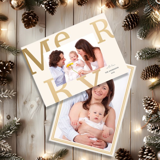 Elegant Neutral “Merry” Modern Photo Feiertagskarte (Elegant Neutral “Merry” Modern Photo Holiday Card)