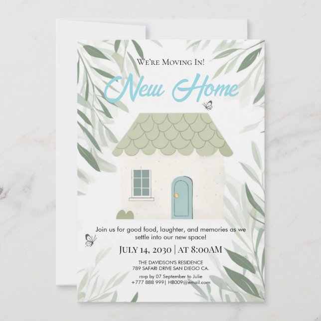Elegant New Home Moving In Invitation Botanical Gr Einladung (Vorderseite)