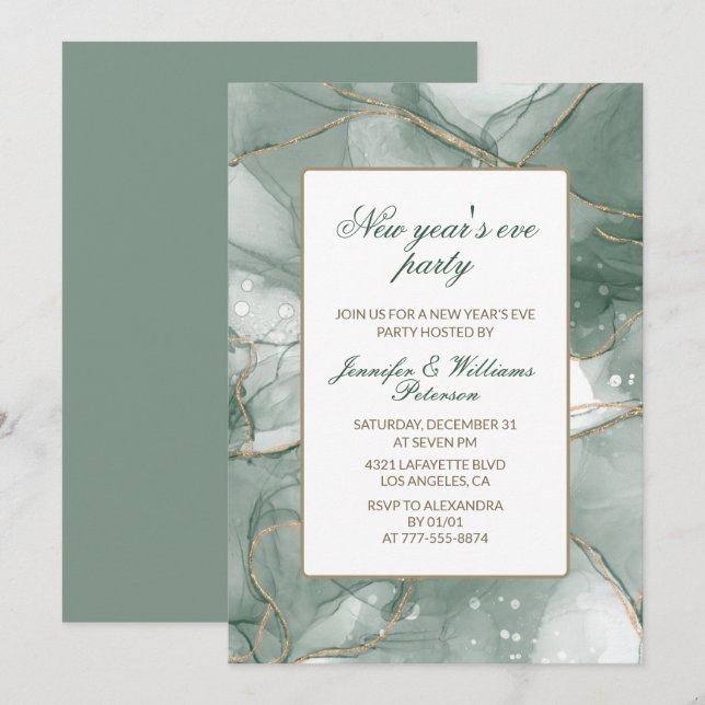 Elegant New Year's eve Einladung Green Gold (Vorne/Hinten)