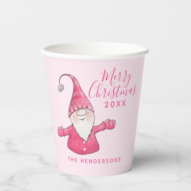 Elegant Niedlich Gnome Pink Frohe Weihnachten Pappbecher (Vorderseite)