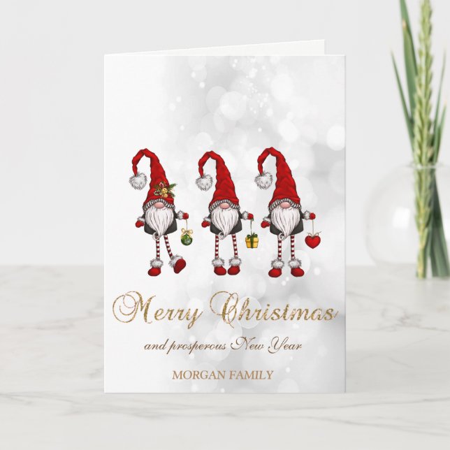 Elegant Niedlich Red Gnomes Bokeh Feiertagskarte (Vorderseite)