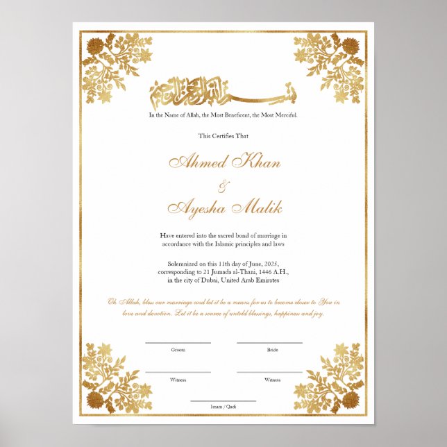 Elegant Nikkah Certificate Muslim Islamic Wedding Poster (Vorne)