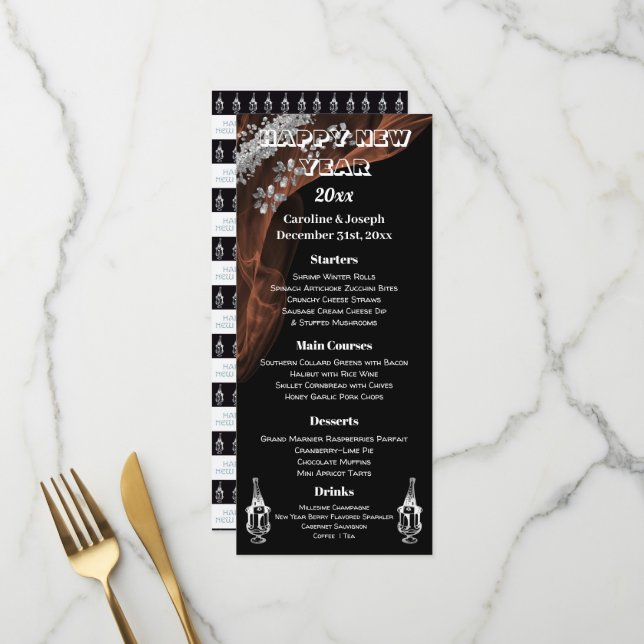 Elégant Noir Argent Nouvel An Menu & Champagne (Devant/Arrière en situation)
