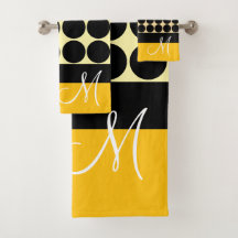 Élégant noir beige & points jaunes monogramme nom
