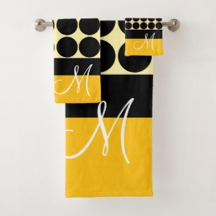 Élégant noir beige & points jaunes monogramme nom
