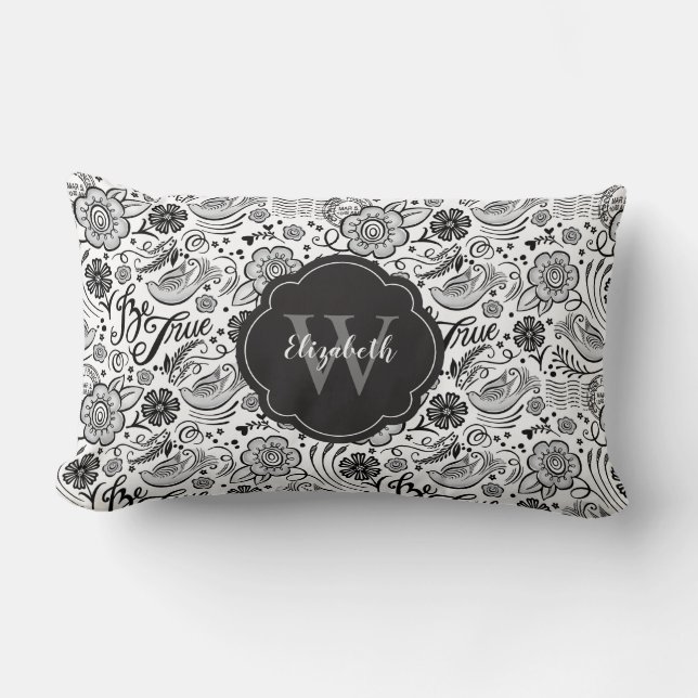 Élégant noir blanc Coussin Floral (Recto)