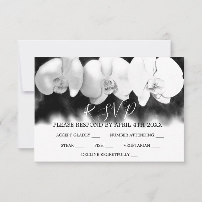 Elégant noir blanc d'aquarelle orchidées RSVP (Devant)