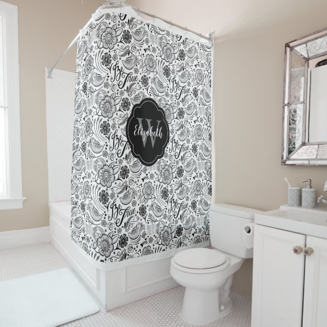Elégant noir blanc Floral Monogramme Douche rideau (En situation)