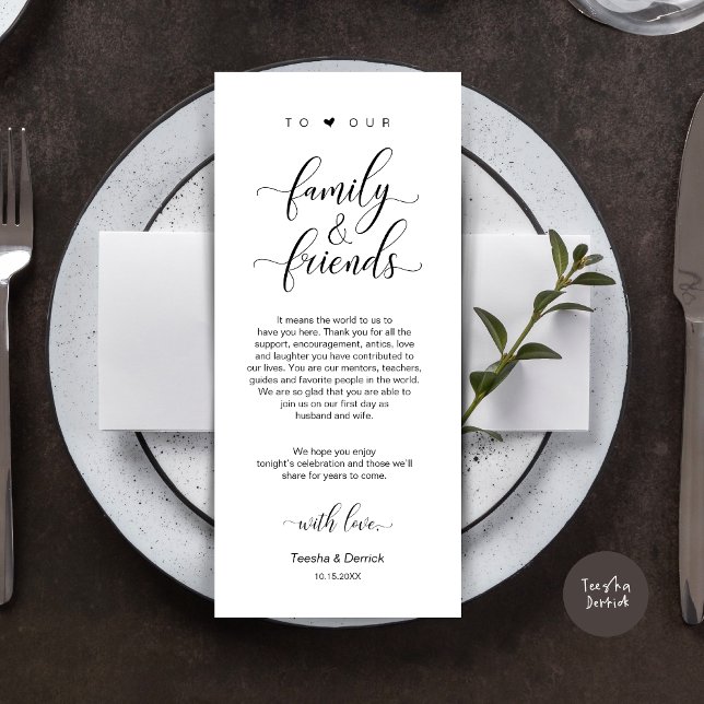 Élégant noir classe, Carte de remerciements de rég (Modern Classy Wedding Dinner Place Setting Thank You Card, in Black and White)