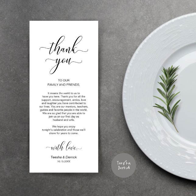 Élégant noir classe, Carte de remerciements de rég (Wedding Dinner Place Setting Thank You Card, Modern Classy Design, Black and White)