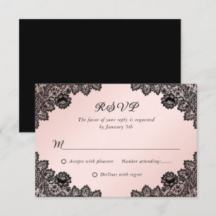 Elégant Noir et Blush Floral Lace Wedding RSVP