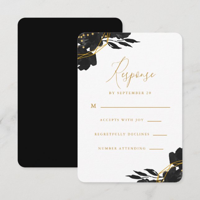 Elégant Noir Floral Or Mariage Rsvp (Devant / Derrière)