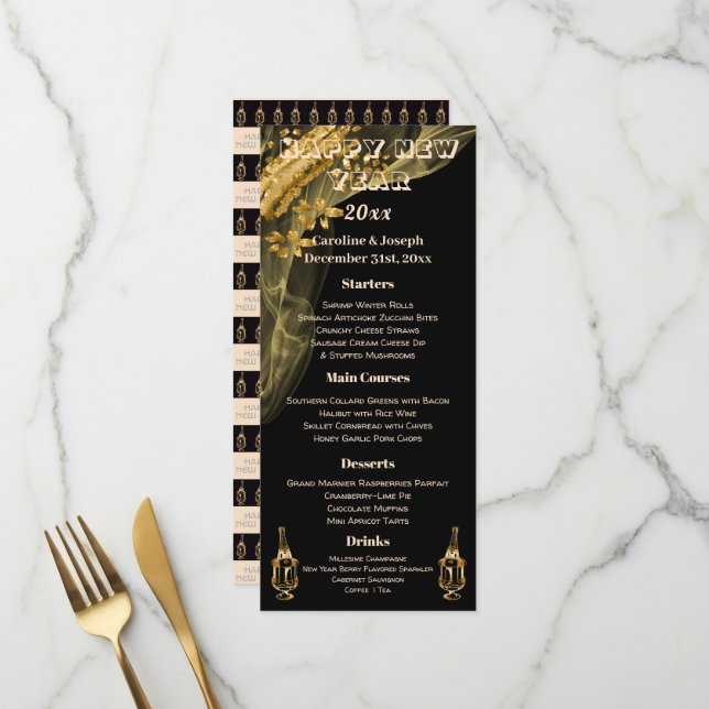 Elégant Noir & Or Nouvel An Menu & Champagne (Devant/Arrière en situation)
