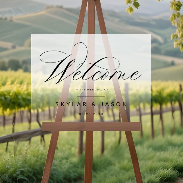 Élégant noir Script blanc Frosted Mariage de bienv (Elegant Black Script White Frosted Welcome Wedding Acrylic Sign)