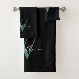 Élégant noir Turquoise Monogramme Nom Script Servi