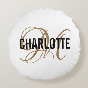 Élégant nom de monogramme or blanc coussin rond