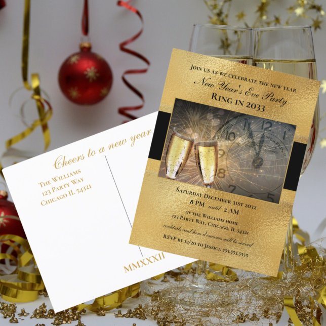 Élégant Nouvel An Black Gold Party Invitation (New Years Eve Party Invitations and decorations. Postcard invitations and flat cards. Decor, favors.)