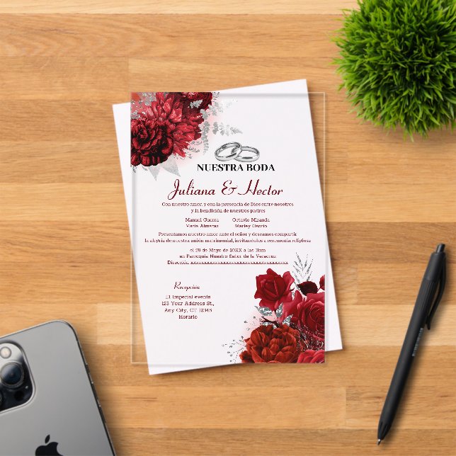 Elegant Nuestra Boda Red Floral Wedding Acryleinladungen (Insitu (Einladungskarte))