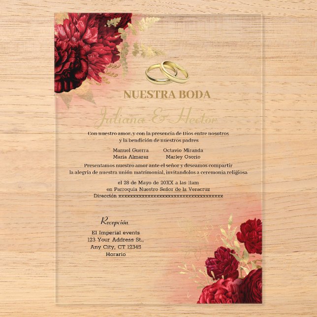 Elegant Nuestra Boda Red Floral Wedding Invitation Acryleinladungen (Vorderseite)