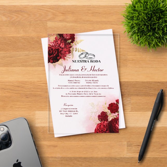 Elegant Nuestra Boda Red Gold Floral Wedding Acryleinladungen (Insitu (Einladungskarte))