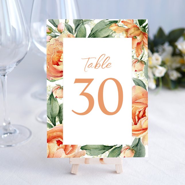 Élégant numéro de table de mariage Pêcher floral (Elegant watercolor wedding table number with peach and blue floral. )