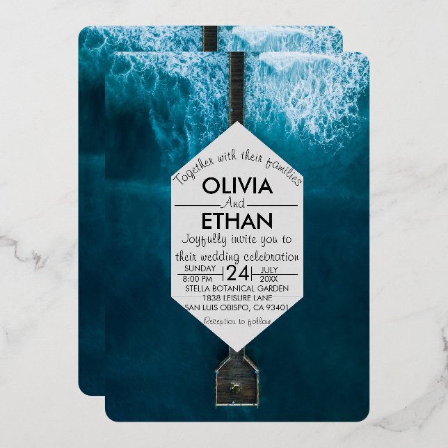 Elégant océan bleu vagues Mariage Foil Invitation (Recto/Verso)